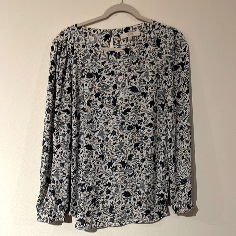 LOFT Blue and White Relaxed Long Sleeve Blouse